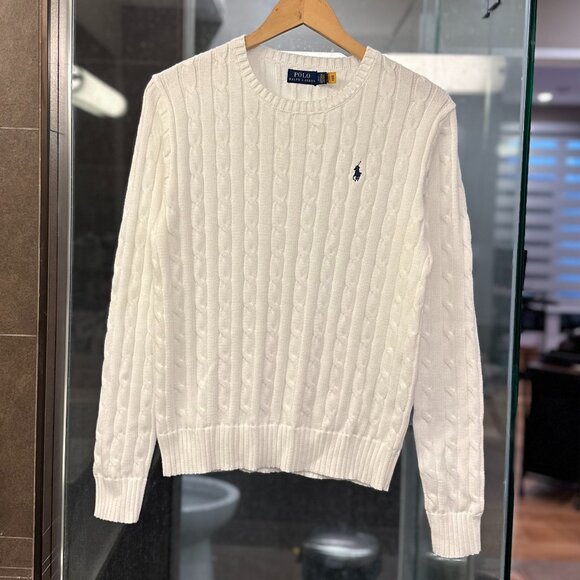 (NWOT) Polo Ralph Lauren Textural Cable-Knit Cotton Crewneck Sweater (White) - Picture 9 of 16